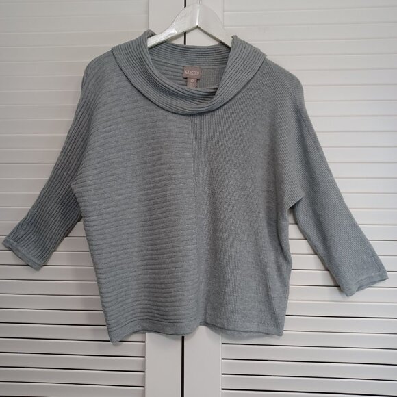 Chicos Top Gray Ribbed Knit Cowl Neck Pullover Sweater Womens Small Chicos 0 - Picture 1 of 8